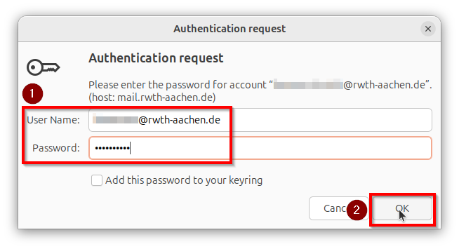 Screenshot des Fensters "Authentication request" auf dem die Felder "User name" und "Password", sowie unten rechts der Button "OK" markiert ist.
