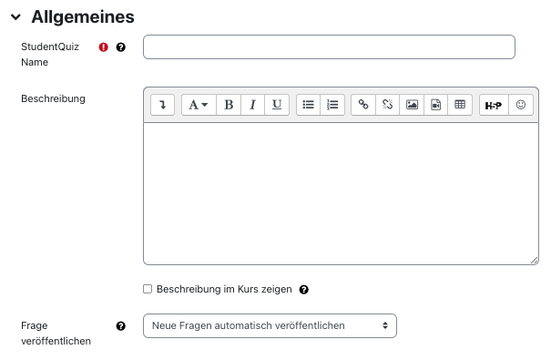 Allgemeines Einstellungen von StudentQuiz Allgemeines Einstellungen von StudentQuiz