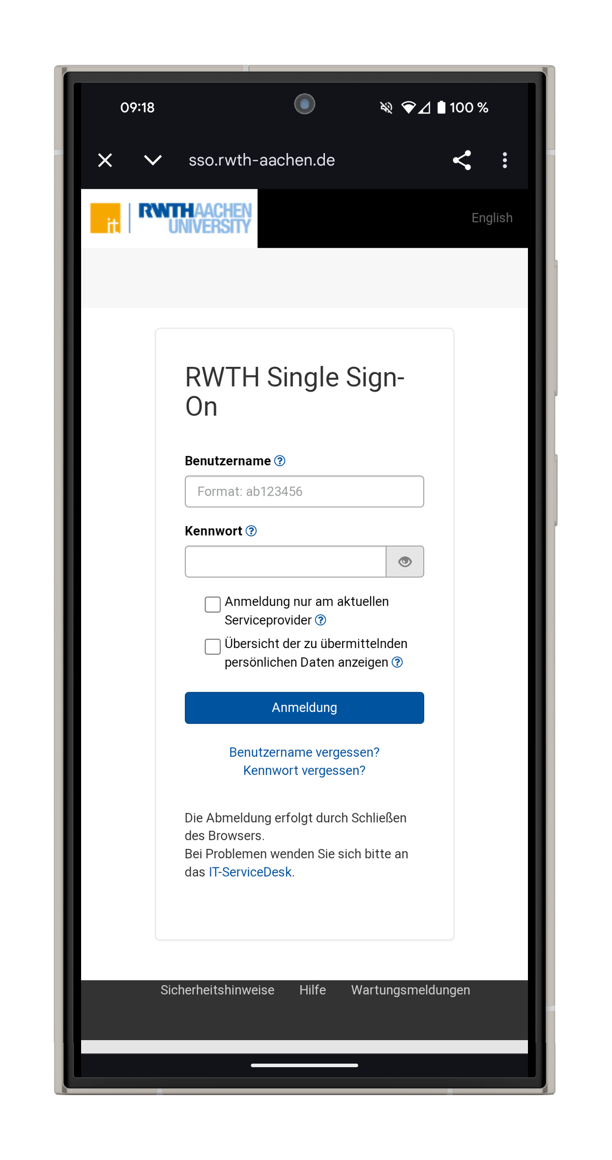 Screenshot der Loginseite. Oben steht "RWTH Single Sign-On". Darunter befindet sich ein Feld für den Benutzernamen (im Format ab123456) und ein Feld für das Passwort. 