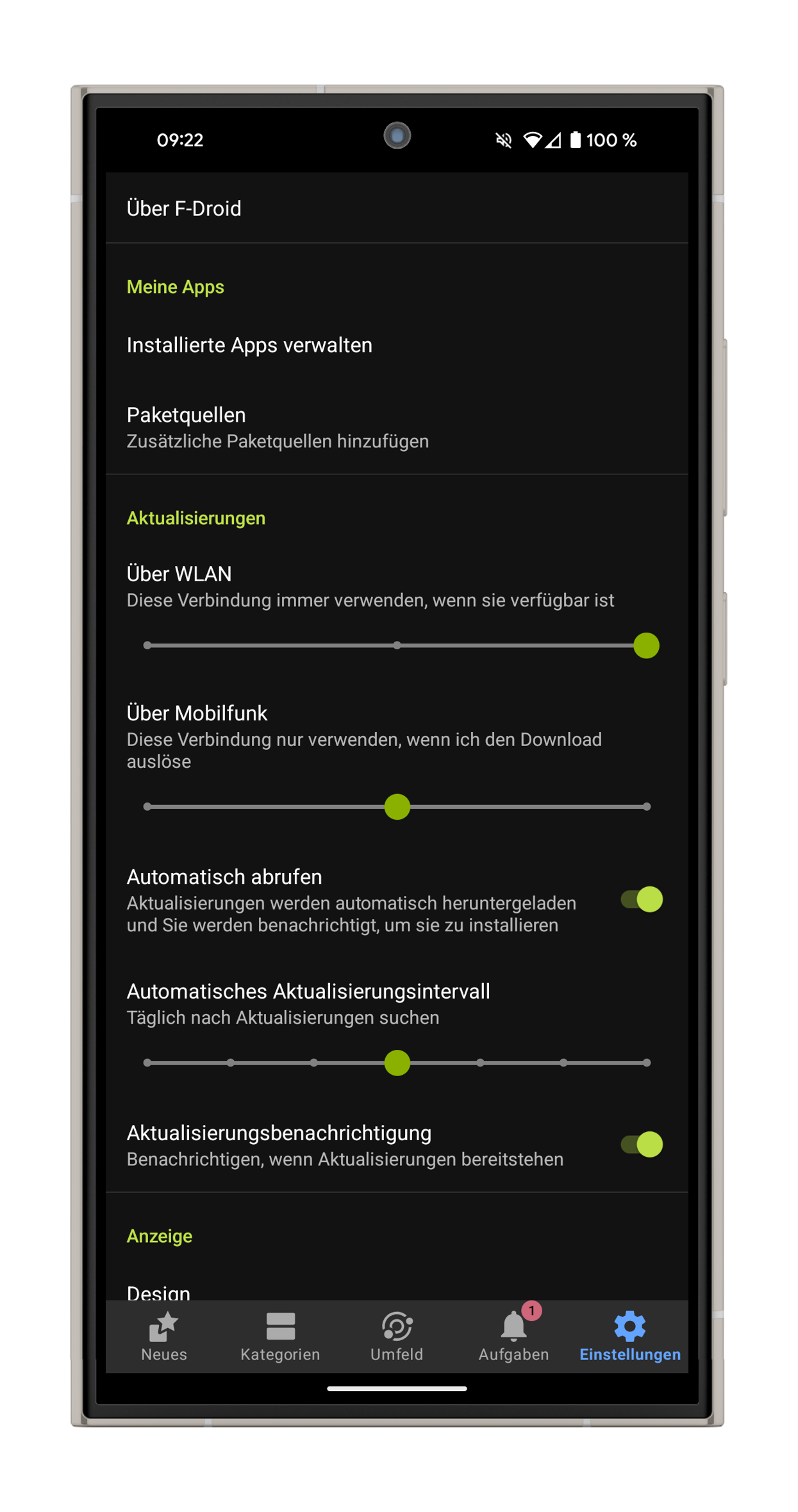 Screenshot der Einstellungen von F-Droid.