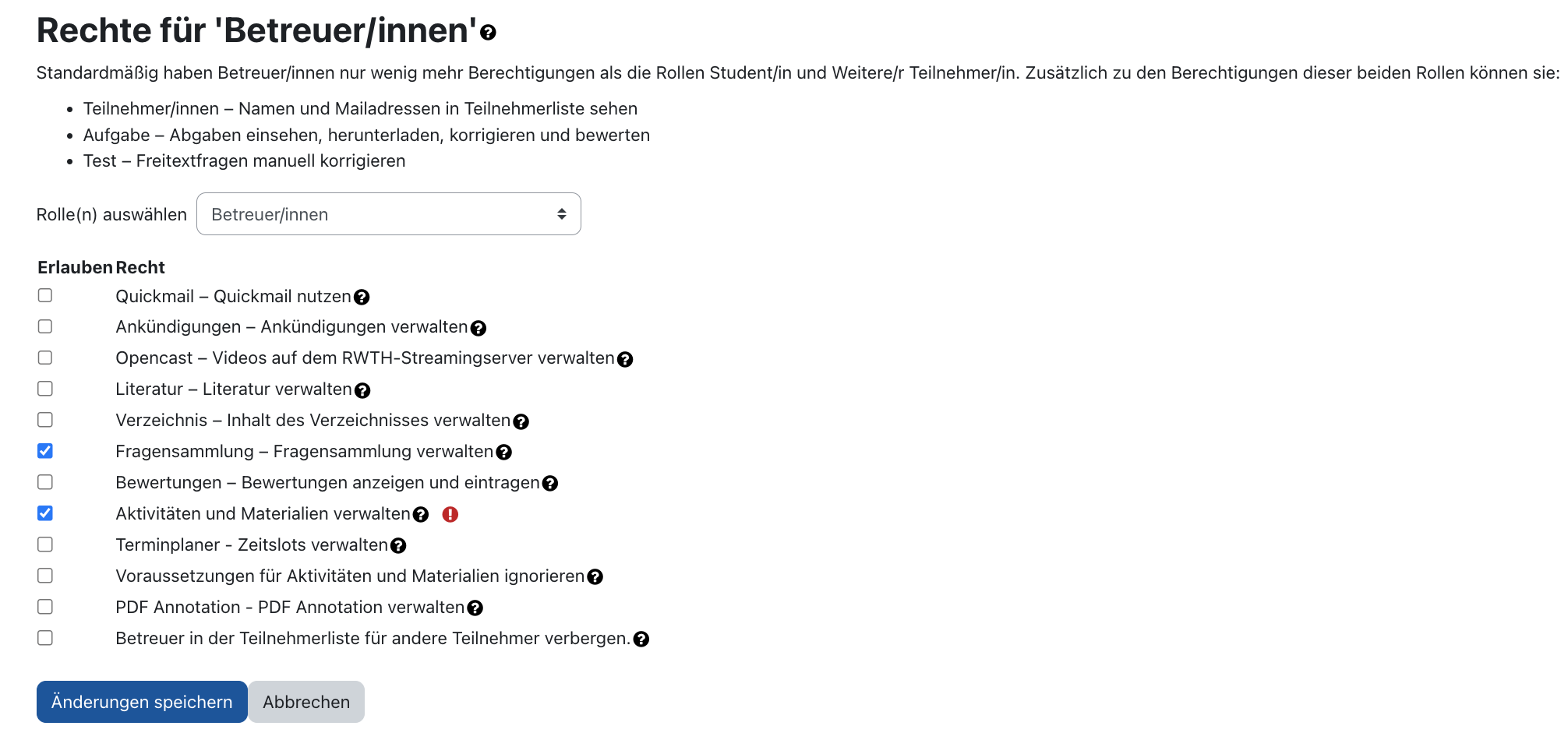 Einstellungen für Rechte für Betreuer*innen Einstellungen für Rechte für Betreuer*innen