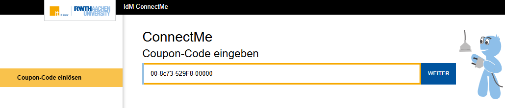 Ein Screenshot der ConnectMe-Seite, worauf ein Feld für die Eingabe des Coupon-Codes abgebildet ist. Im Textfeld  ist der Coupon-Code eigegeben. Neben dem Feld befindet sich der Button Weiter.