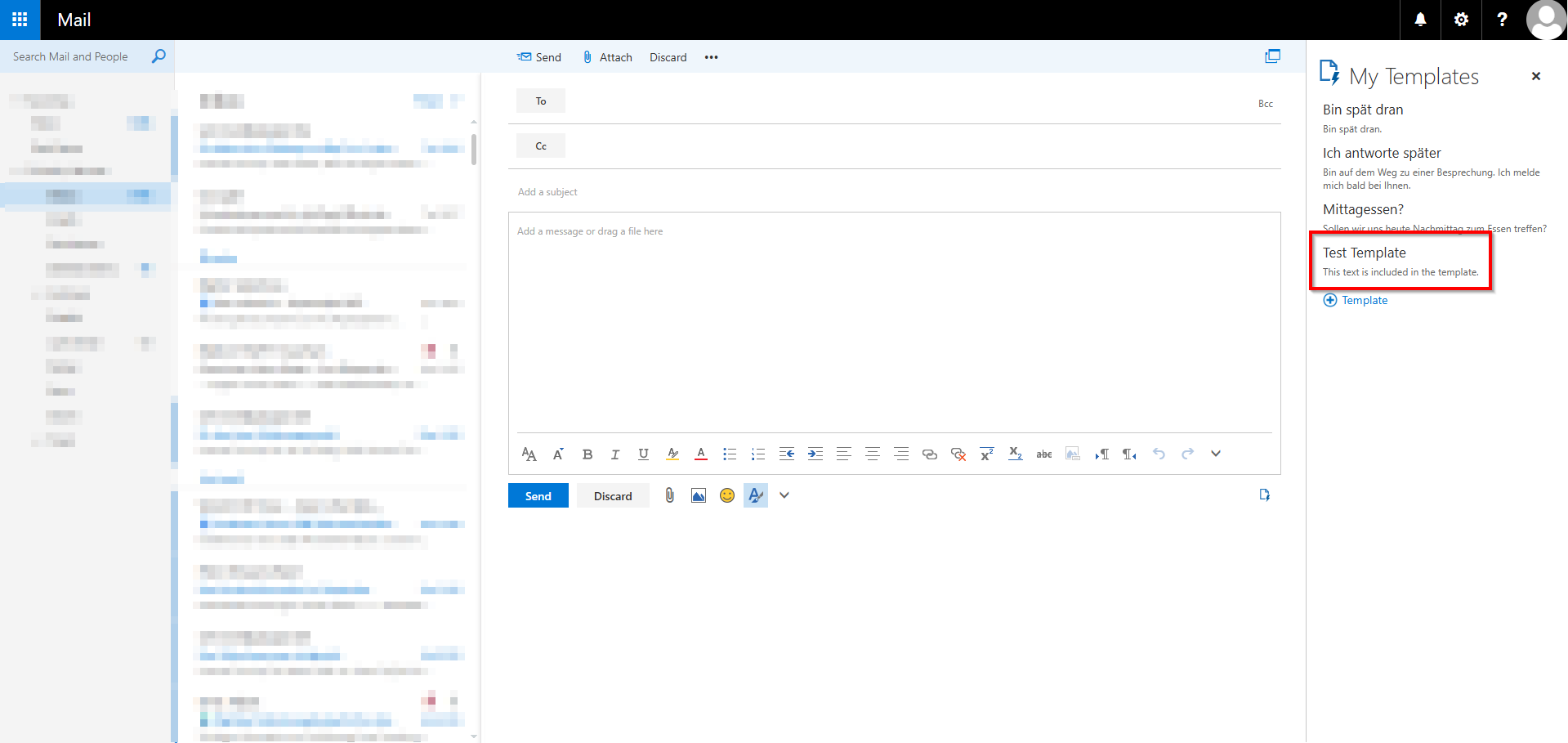 Screenshot of the RWTH Mail app showing the template marked above the “Template” button.