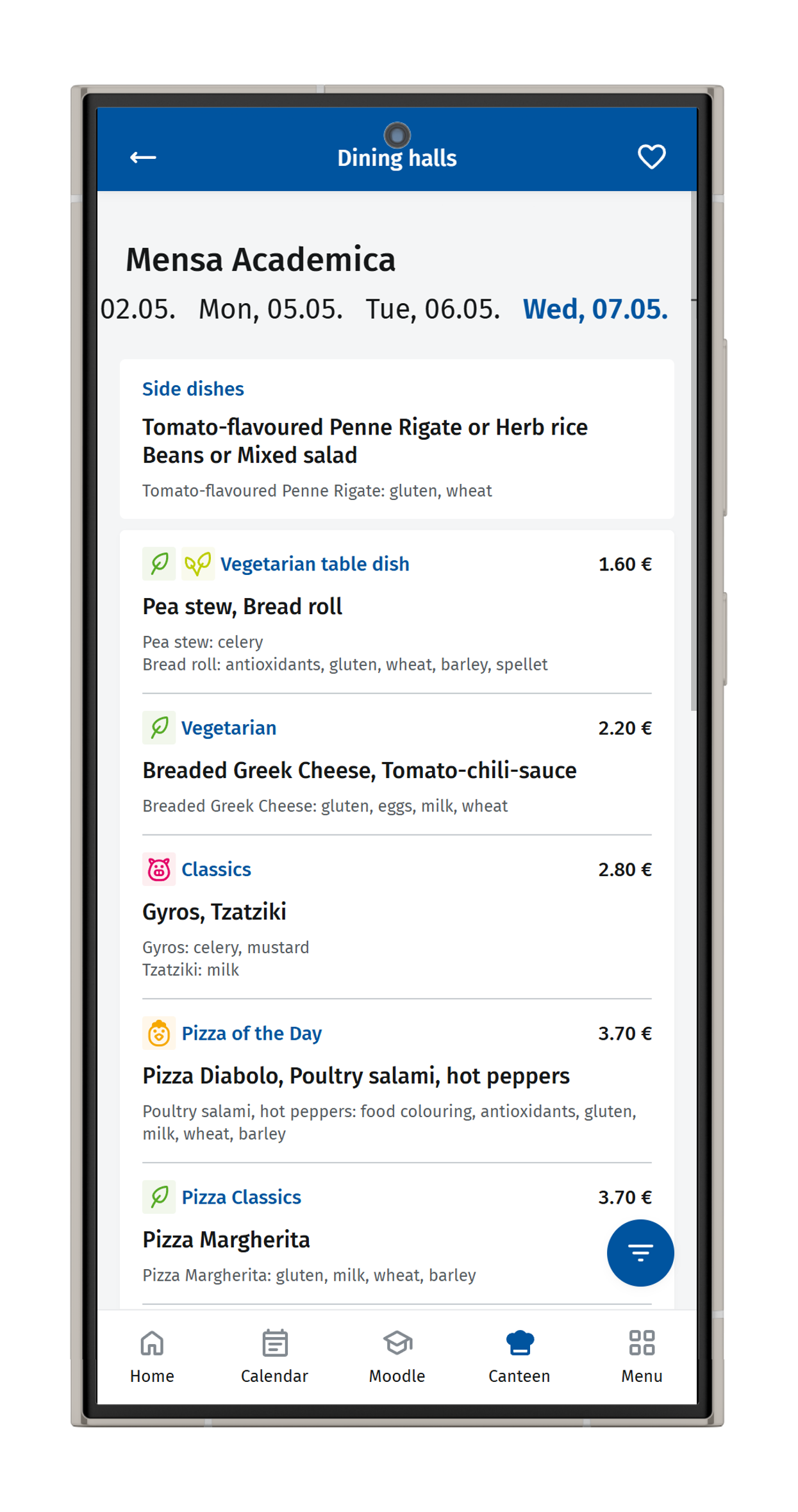 Screenshot of the Mensa menu.