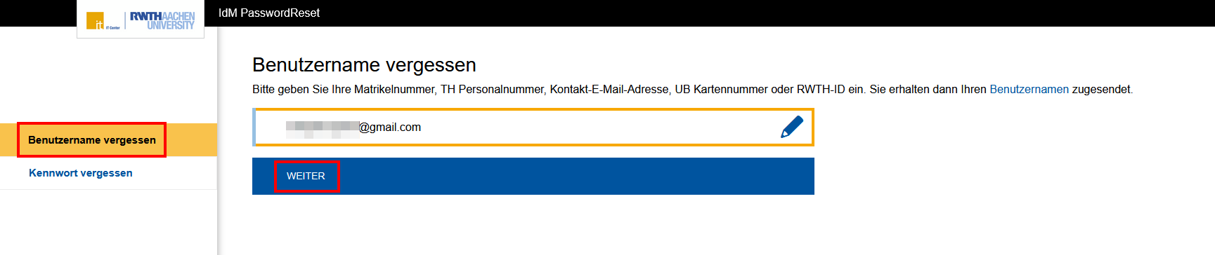 Screenshot des Idm PasswordResets, wie in den Schritten 2 und 3 beschrieben
