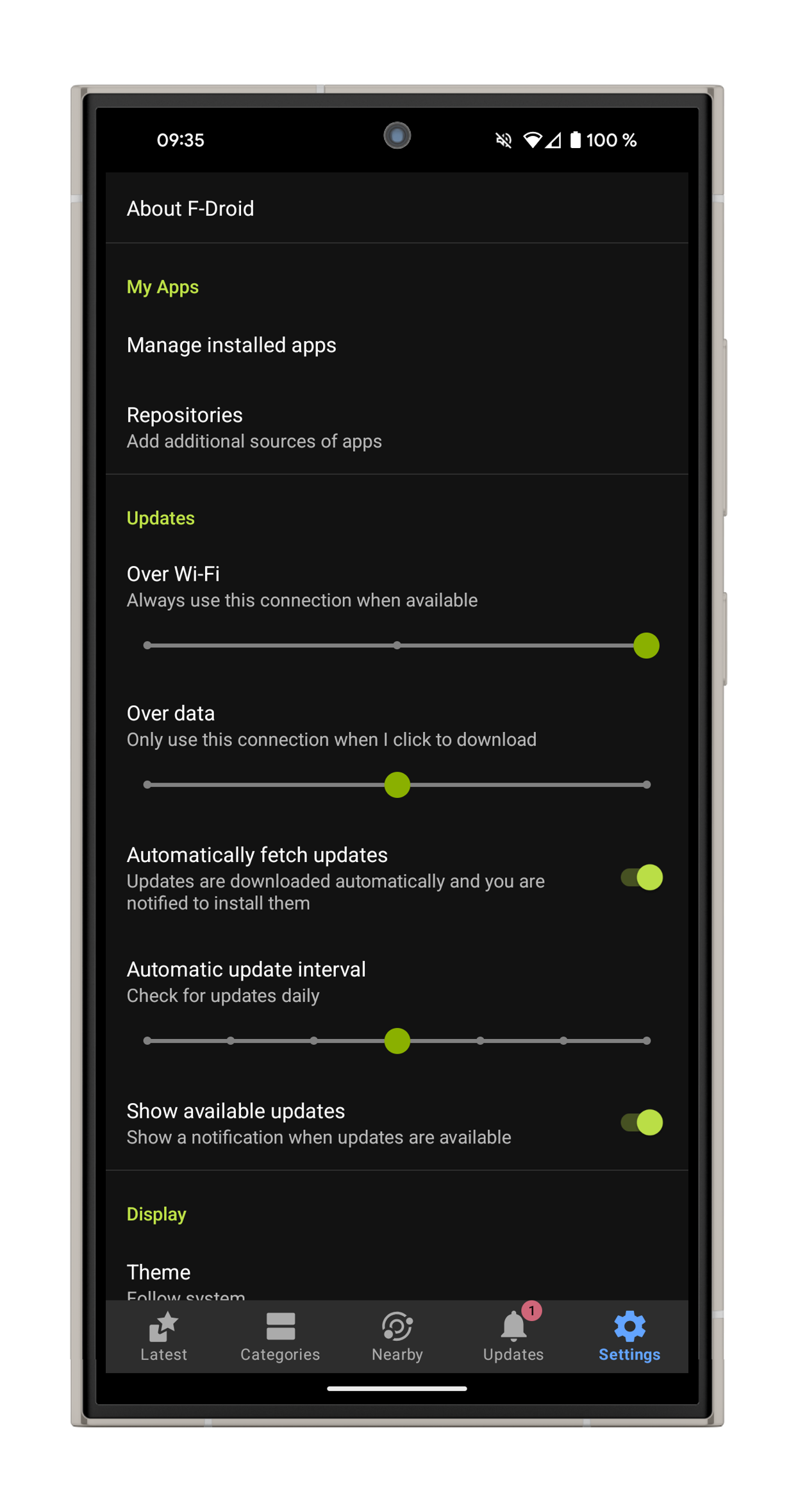 F-Droid settings Screenshot of the F-Droid settings.