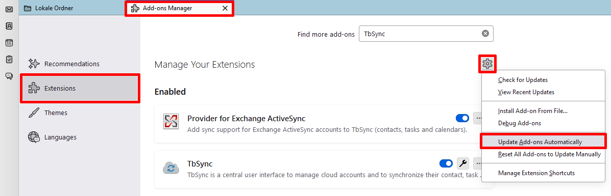 Set Exchange ActiveSync to update automatically Screenshot of the Add on administration window, which graphically displays the selection of options from step 4. The cogwheel symbol is located on the right-hand side.