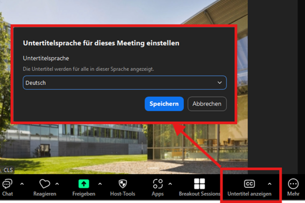 Screenshot der Zoom-Oberfläche. Auf dem Screenshot ist ein laufendes Meeting abgebildet. Unter Meeting-Optionen ist die Option "Untertitel anzeigen" hervorgehoben und ein Dialog zur Sprachauswahl wird angezeigt. 