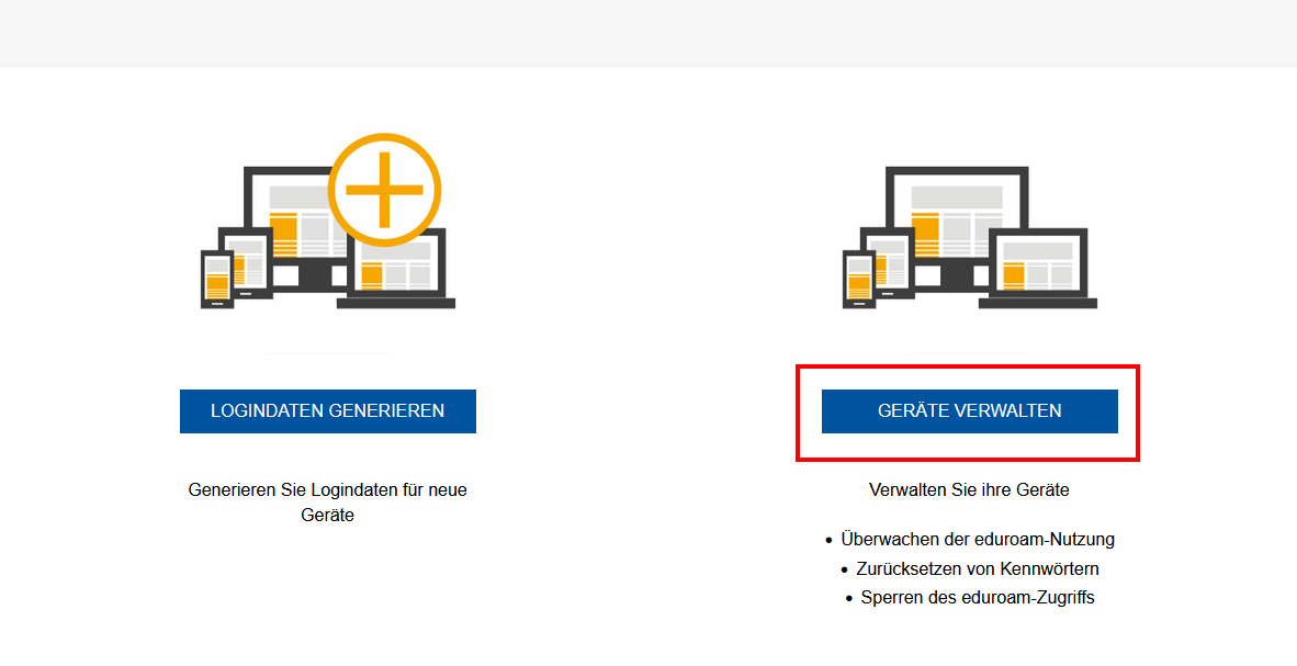Screenshot der Startseite des eduroam-Gerätemanagers. Es gibt zwei Schaltflächen: "Anmeldedaten generieren" und "Geräte verwalten".