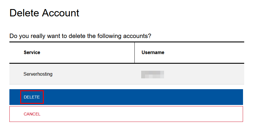Screenshot of the page "Delete Account".  The accounts to be deleted are listed in a table. The Delete button is located underneath.