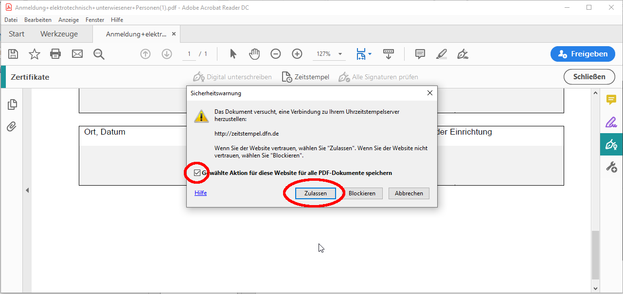DFN Zeitstempeldienst bestätigen DFN Zeitstempeldienst bestätigen