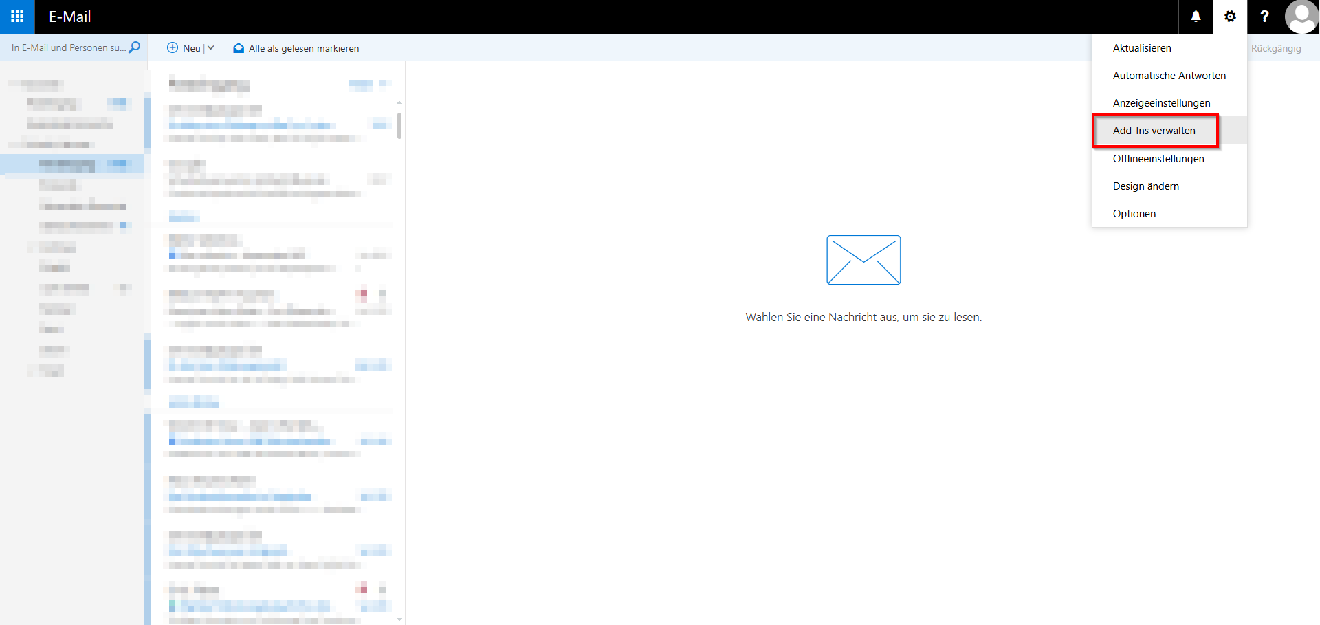 Screenshot of the RWTH Mail app with the options menu expanded to the left of the profile picture and the “Manage add-ins” option selected between “Display settings” and “Offline settings.”