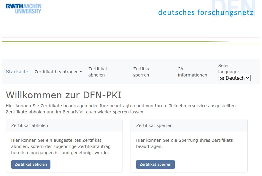 Startseite vom DFN-PKI-Poratl