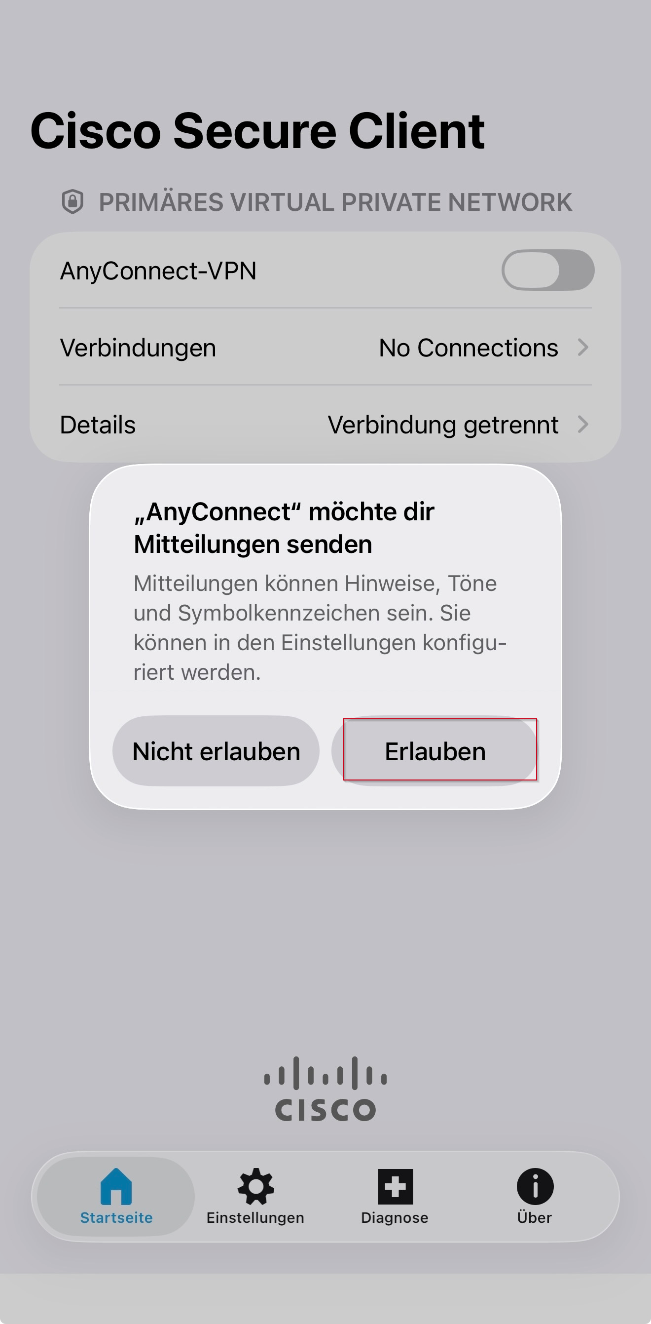 Bestätigungsfenster Cisco Secure Client Benachrichtigung