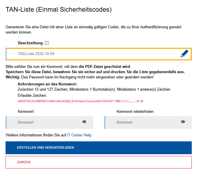 Beschreibung für TAN-Liste