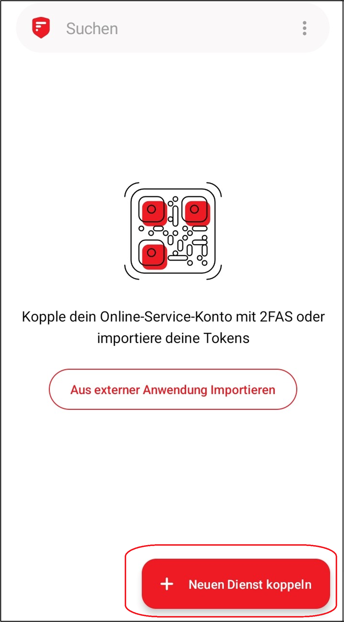 Screenshot der Authenticator App 2FAS. Das Plus-Symbol ist die zweite Schaltfläche nach "Aus externer Anwendung importieren".