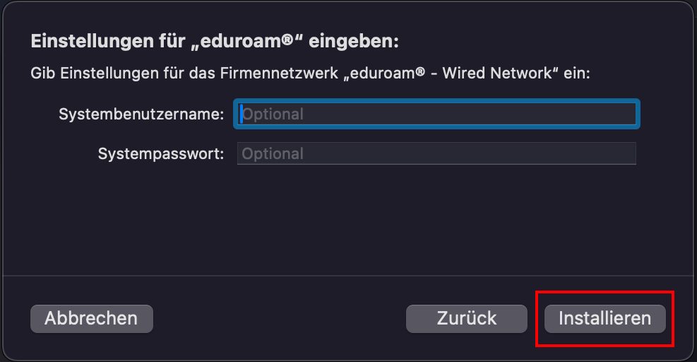 Screenshot des Popup-Fensters "Einstellungen für eduroam eingeben". Die Schaltfläche "Installieren" befindet sich unterhalb der Login-Maske neben "Zurück".