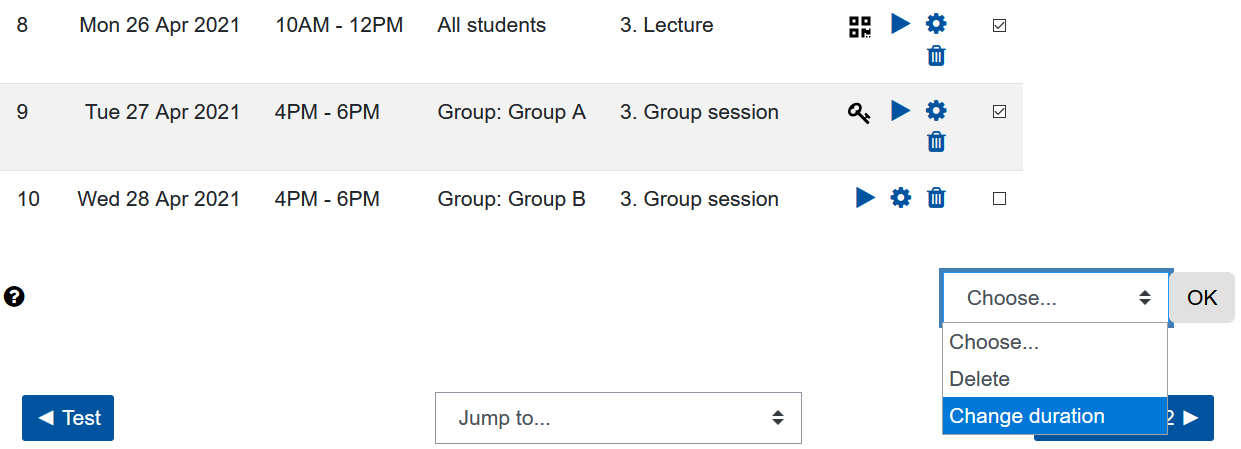 Session overview with editing options Screenshot session overview with editing options