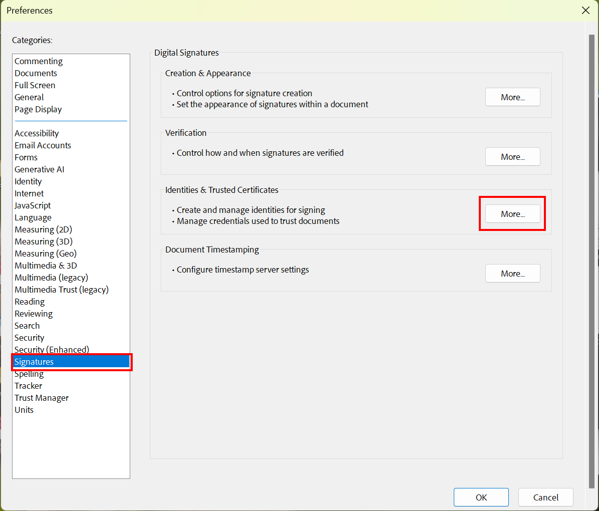 Dialogmenü Einstellungen Screenshot of the Preferences. Signatures is located in the Categories, between Security (Enhanced) and Spelling. Identities & Trusted Certificates is the third item on the Digital Signatures Page