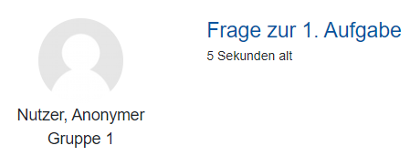 Der Ausschnitt zeigt einen Beitrag, bei dem ein grauer Avatar, Vor- und Nachname, hierunter der Gruppenname, der verlinkte Titel und das Alter dargestellt sind.