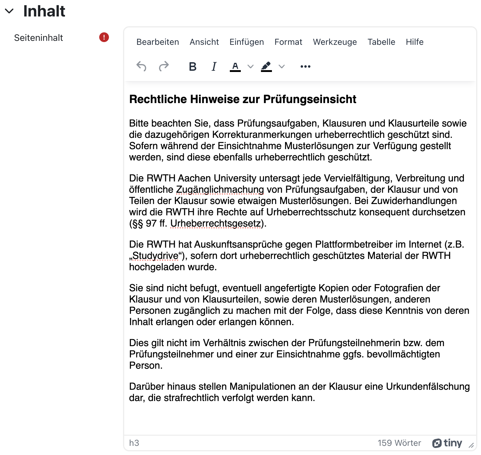 Screenshot des Inhaltsfelds der Textseite mit dem in der Anleitung beigefügten Beispieltext
