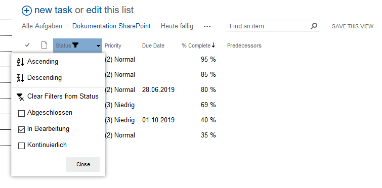 task list filtered according to status
