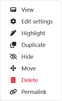 Screenshot: Menu with the options "View", "Edit settings", "Highlight", "Duplicate", "Hide", "Move", "Delete" and "Permalink".