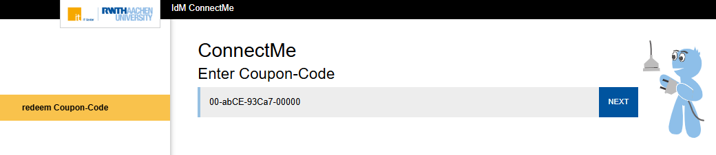 A screenshot of the ConnectMe page, showing a field for entering the coupon code. The coupon code is entered in the text box. Next to the field is the Next button.