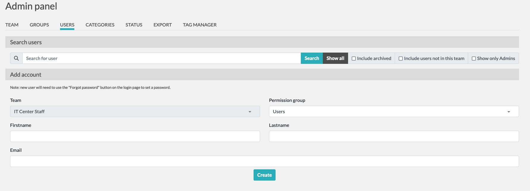 Creating a new user in eLABFTW Screenshot of the Amin panel. “Users” is listed at the top of the page after “Team” and “Groups”.