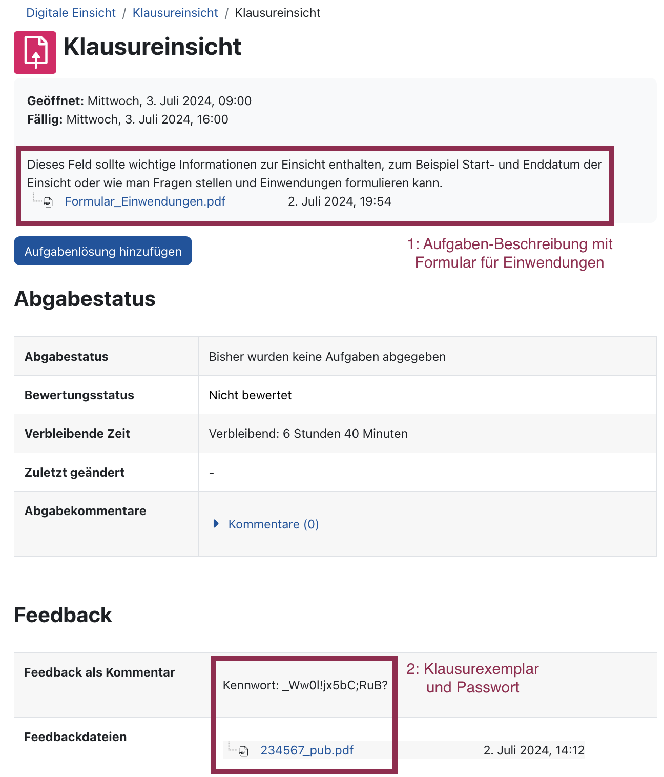 Screenshot einer für die Klausureinsicht vorbereiteten Aufgaben-Aktivität aus Studierendensicht. Im oberen Bereich erscheint die Aufgaben-Beschreibung mit dem Formular für Einwendungen, unten erscheint im Bereich "Feedback" die Klausurdatei mit dem Passwort.