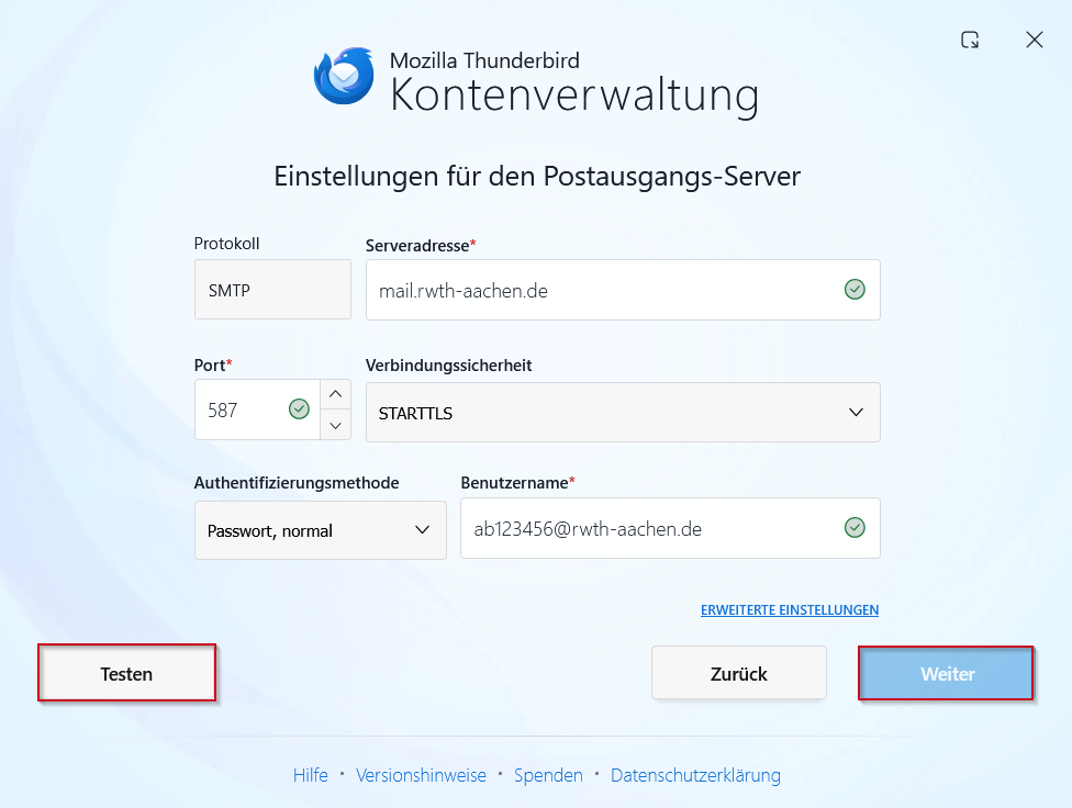 Einstellungen für den Postausgangs-Server
