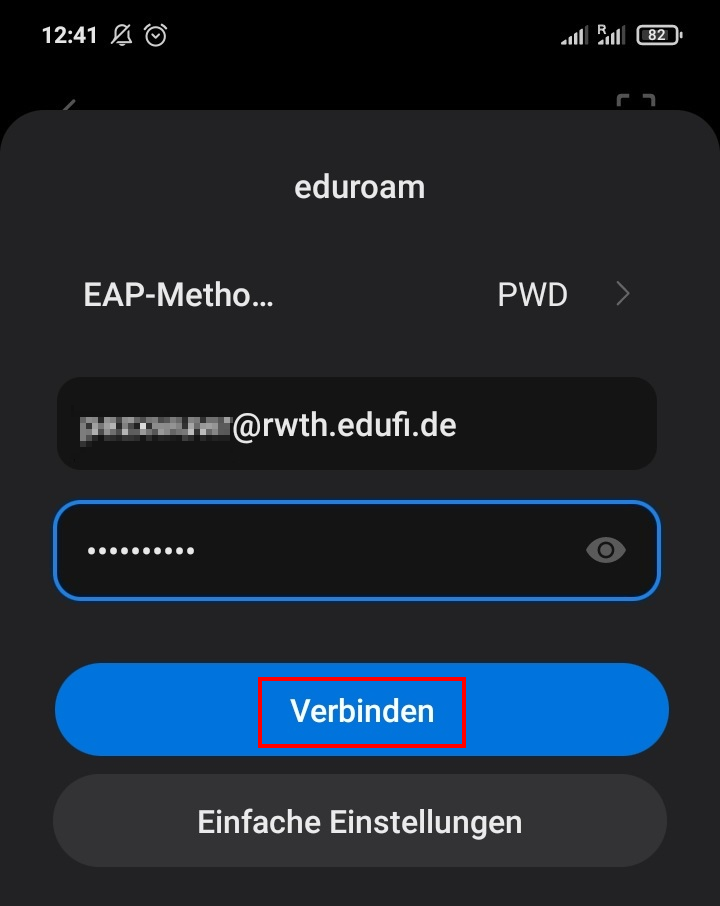Screenshot der Anmeldemaske. Der Benutzername endet mit @rwth.edufi.de. Unterhalb der Anmeldemaske finden Sie den Button Verbinden.