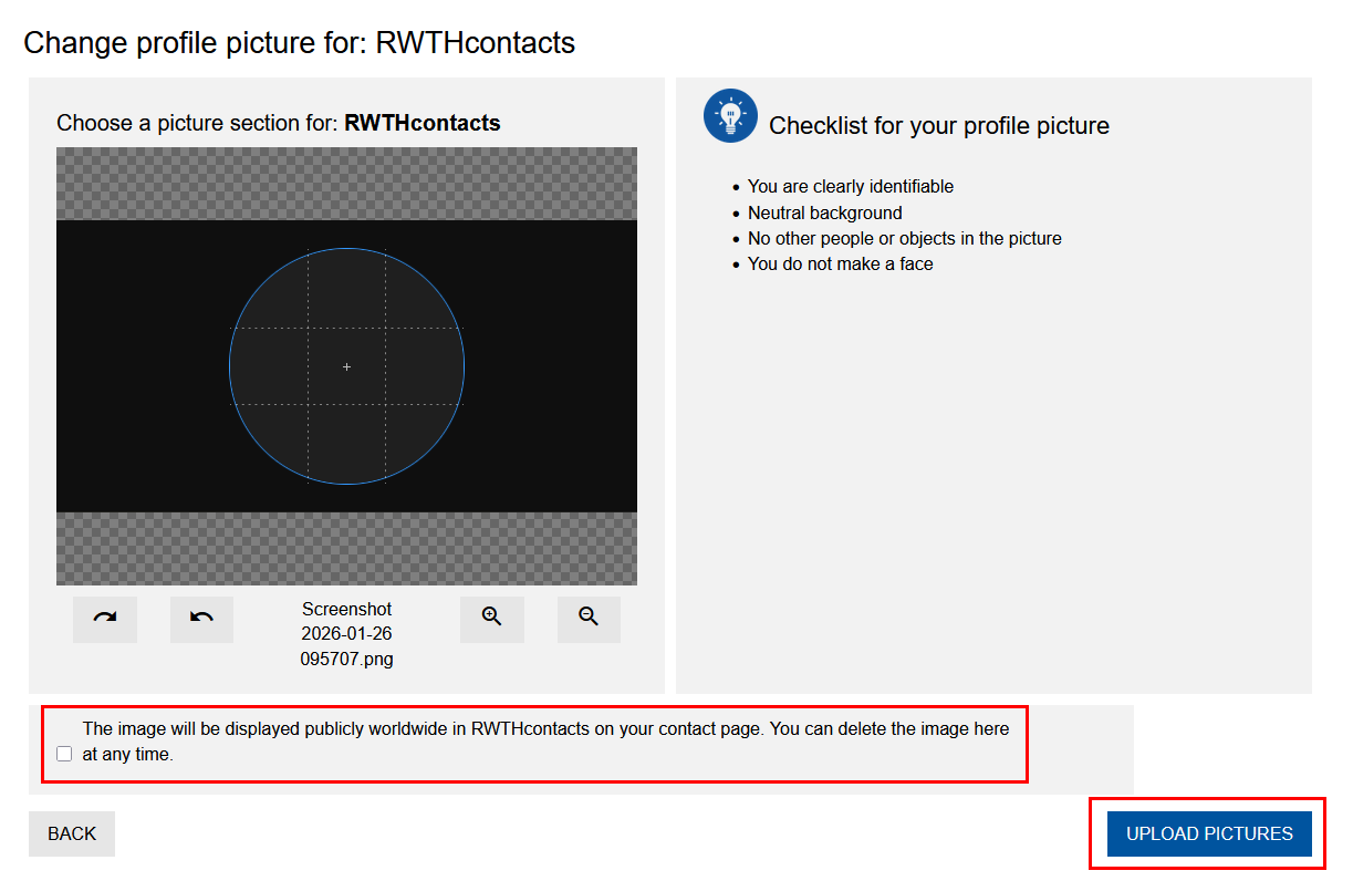 Screenshot of PictureManager. Below the checklist for your profile picture, you will find a note regarding image publication. The content of this note varies depending on the application. Below the note are the “Back” and “Upload pictures” buttons.