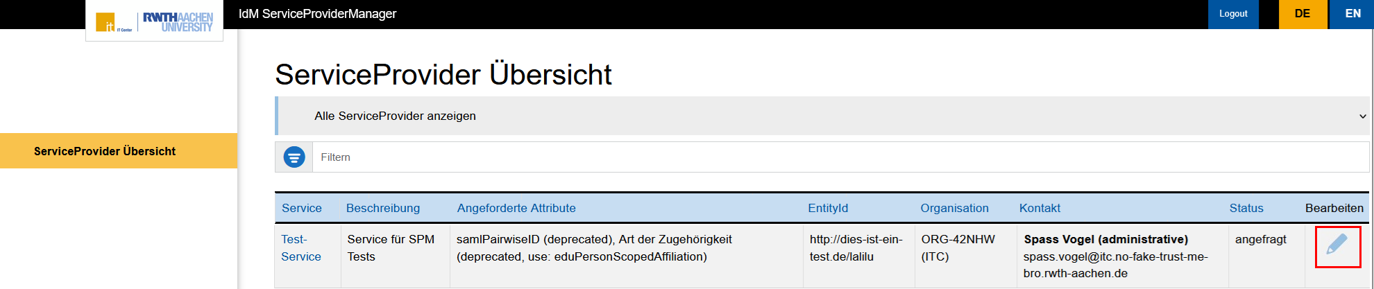 Screenshot des SPMs nach dem Login. In der Tabelle werden neben Kontakt nun 2 zusätzliche Spalten angezeigt: Status und Bearbeiten.