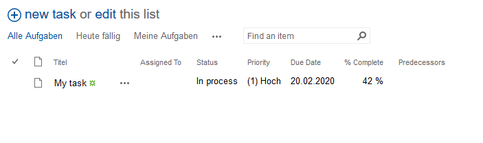 Sharepoint Shared Services > Anleitung > image2019-8-20 18:17:14.png (The new task is now shown in the list) The new task is now shown in the list