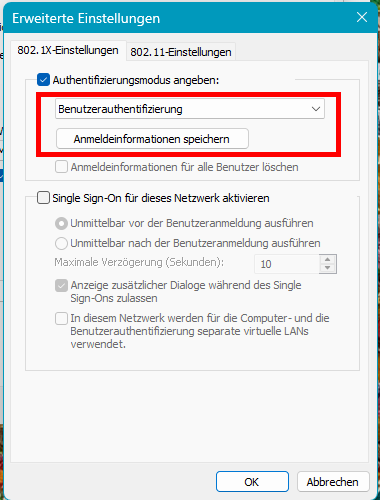 Screenshot Erweiterte Einstellungen, Registerkarte 802.1X-Einstellungen. Die Schritte 23 bis 25 sind die ersten 3 Elemente auf der Registerkarte.