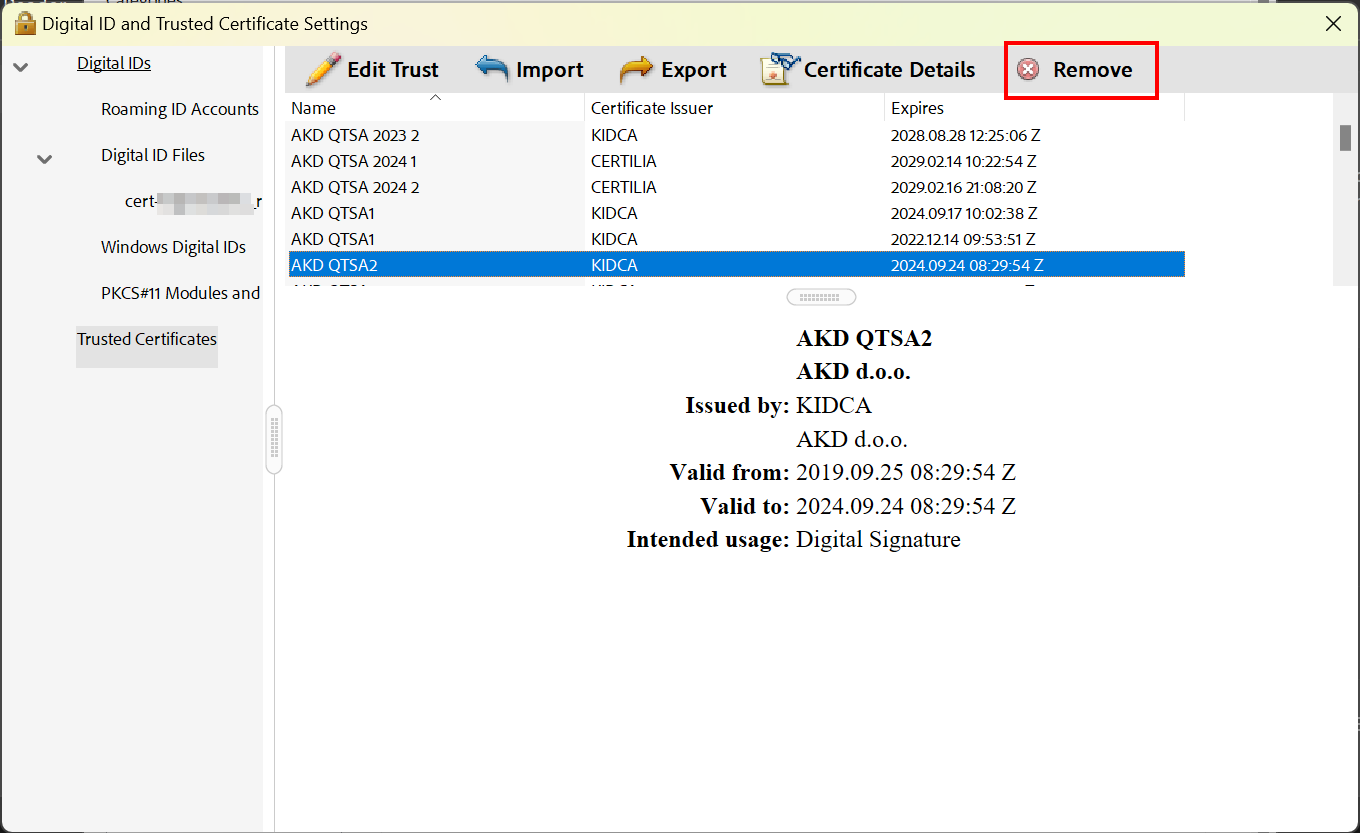 Dialogmenü Bearbeiten Screenshot of the Trusted Certificates page with a long list of certificate in the table. "Delete" is the last button in the tool bar, after Certificate Details.