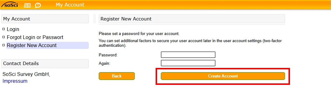 Screenshot of the registration form. You must enter the password twice. Below that is the "Create user account" button.