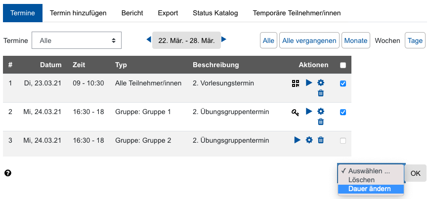 Screenshot Terminübersicht mit Bearbeitungsoptionen