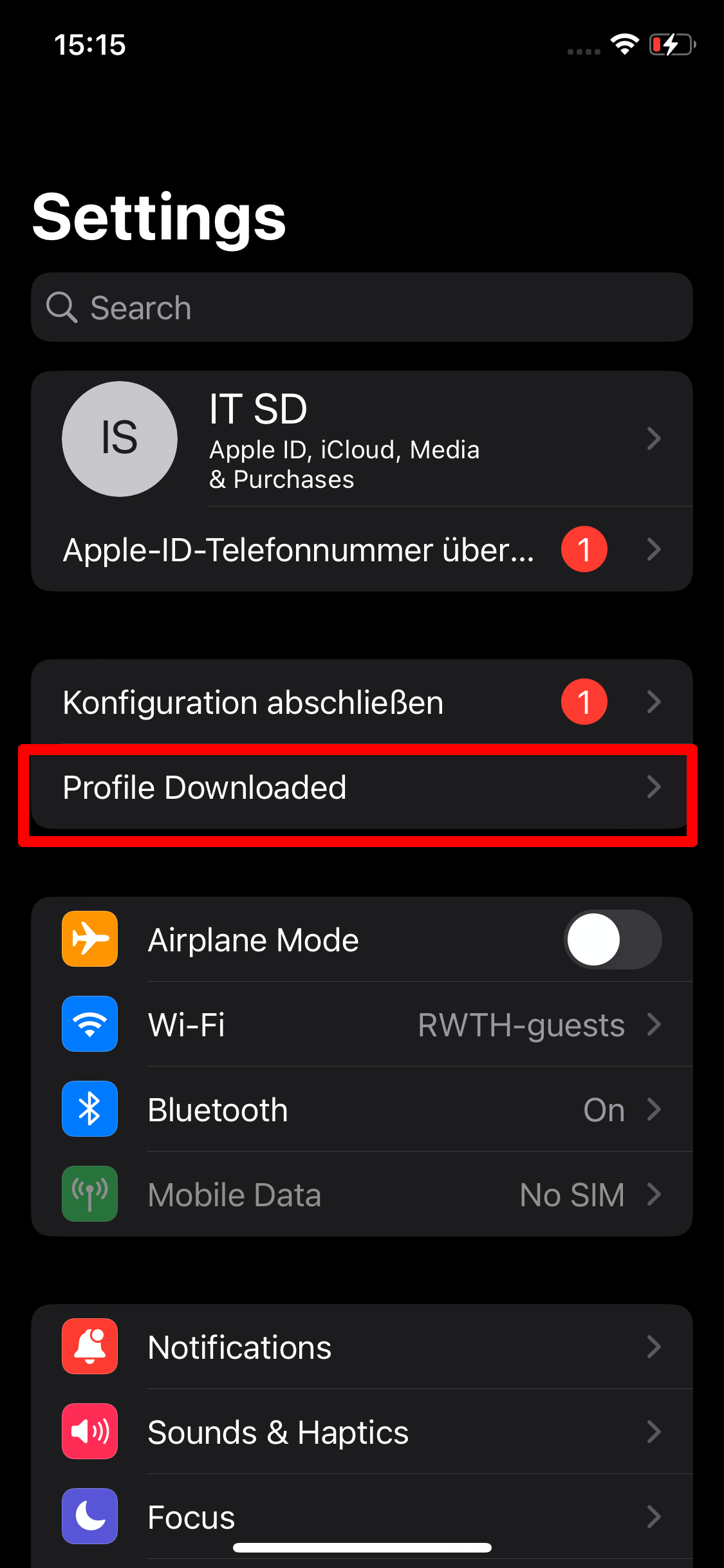 Screenshot of iPhone settings."Profile loaded" is located between " Complete configuration" and "Airplane mode".