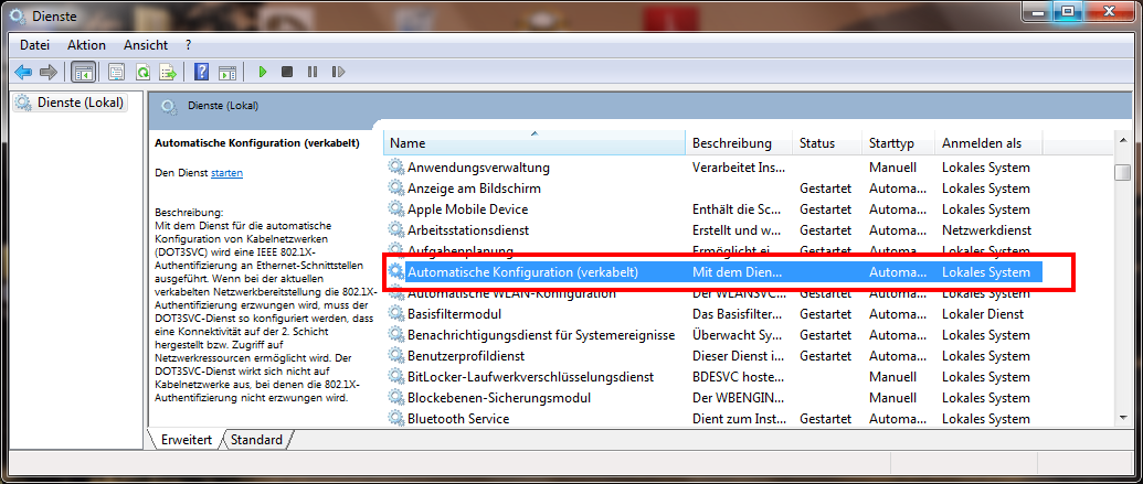 Screenshot der Anwendung Dienste. Die Dienste sind in alphabetischer Reihenfolge aufgelistet. "Automatische Konfiguration" befindet sich zwischen "Aufgabenplanung" und "Automatische WLAN-Konfiguration".