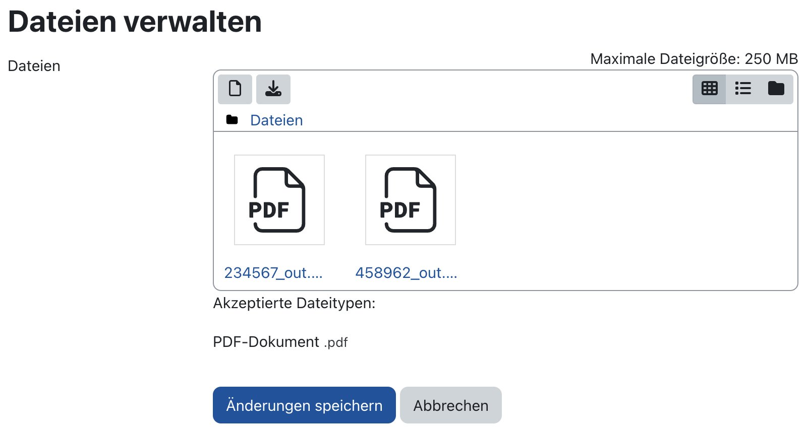 Screenshot der Dateiverwaltung, über die fehlerhafte Dateien ausgetauscht werden können. Das Uploadfeld zeigt alle verarbeiteten Dateien, die man ergänzen, ersetzen oder löschen kann.