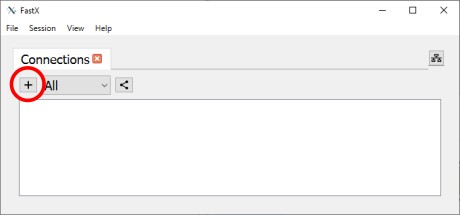 Anleitung zum Remote Desktop Client. Ein roter Kreis zeigt das Plus, das gedrückt werden soll.