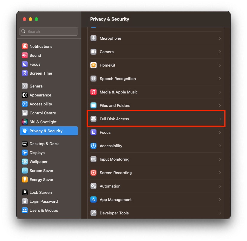 MacOS: From ventura; System Settings > Privacy & Security