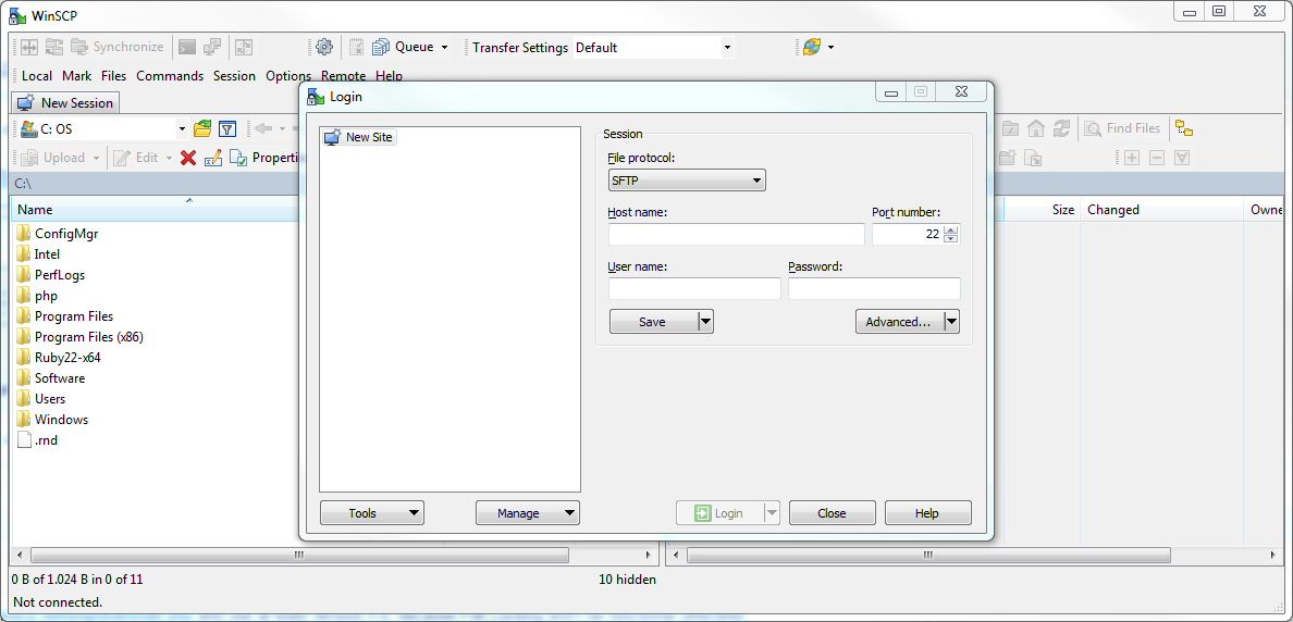 Webhosting > Anleitung WinSCP > start_en.PNG WinSCP open settings