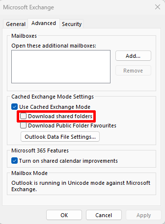 View from the “Advanced” tab in the Outlook settings. In the middle of the view, under the “Exchange Cache Mode Settings” tab, the check mark has been removed from the box next to “Download shared folders.” The check mark next to “Use Exchange Cache Mode” is the only one set in this section of the view. Another check mark is also set under the “Microsoft 365 Features” tab.