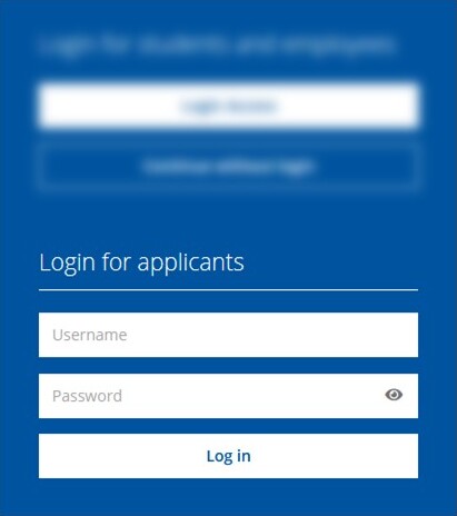 login field for applicants Screenshot of log in screen in RWTHonline. Login for applicants is below the login for students / employees. Enter your username and password the “Log in” button is located below.
