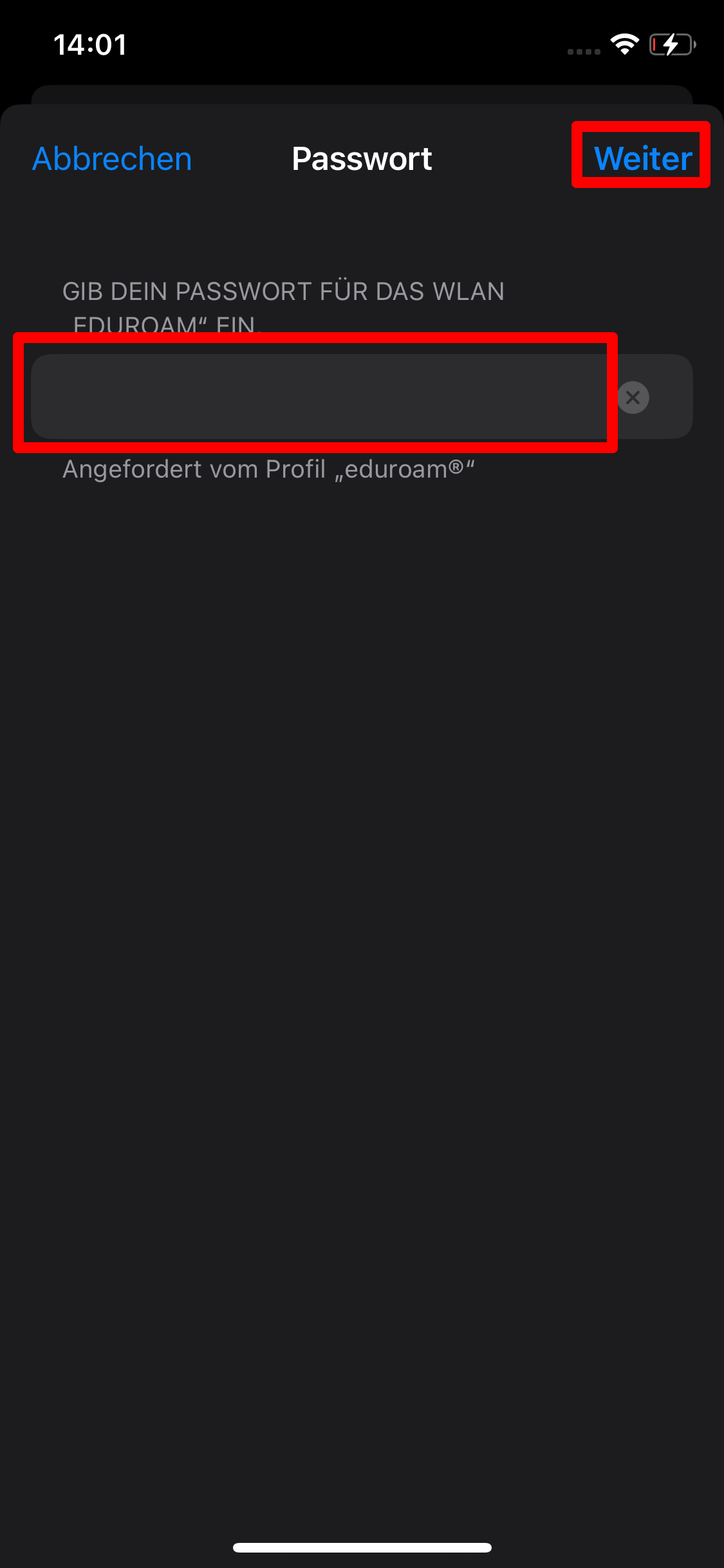 Screenshot des Fenster "Passwort". Unter "Gib dein Passwort für das WLAN eduroam ein" befindet sich ein Textfeld.