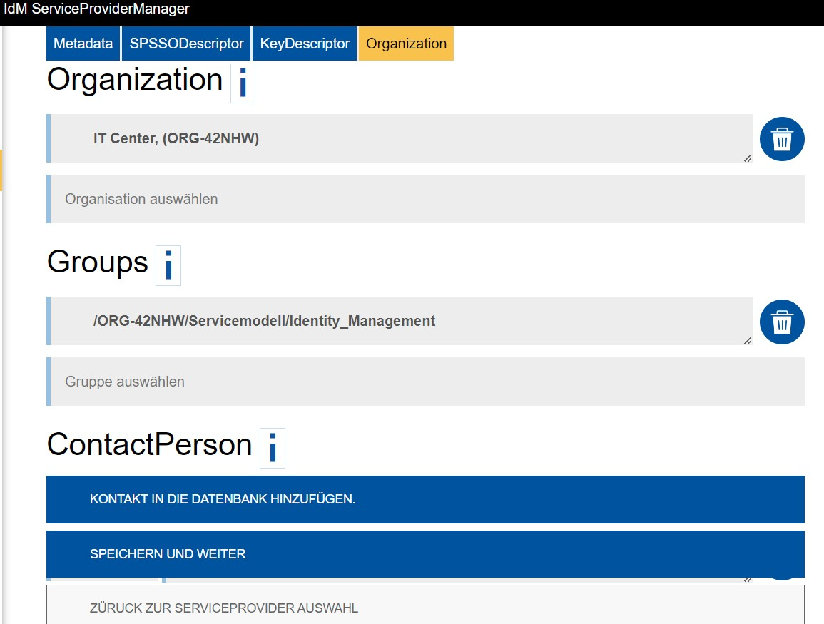 Screenshot des Reiters Organisation (4/4), wie unten beschrieben.
