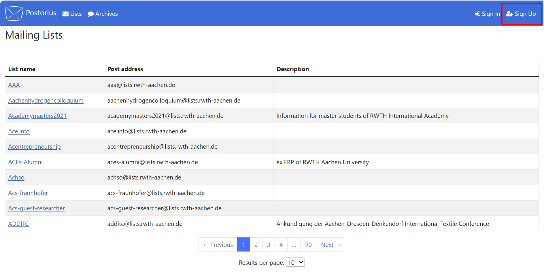 Screenshot of the Mailman start page. "Sign up" is located after "Archives" and "Sign in".